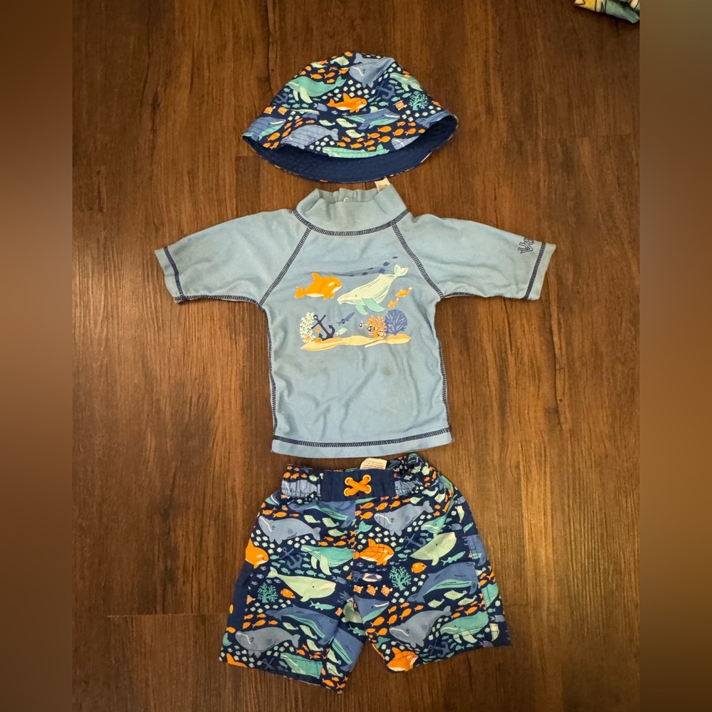 Skinz Toddler Boy 3 Piece Swim Trunks, Rashguard & Hat Set